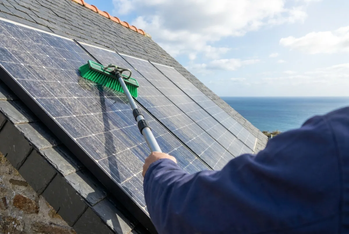 Brossage doux de panneaux solaires en toiture sur la côte d'Émeraude