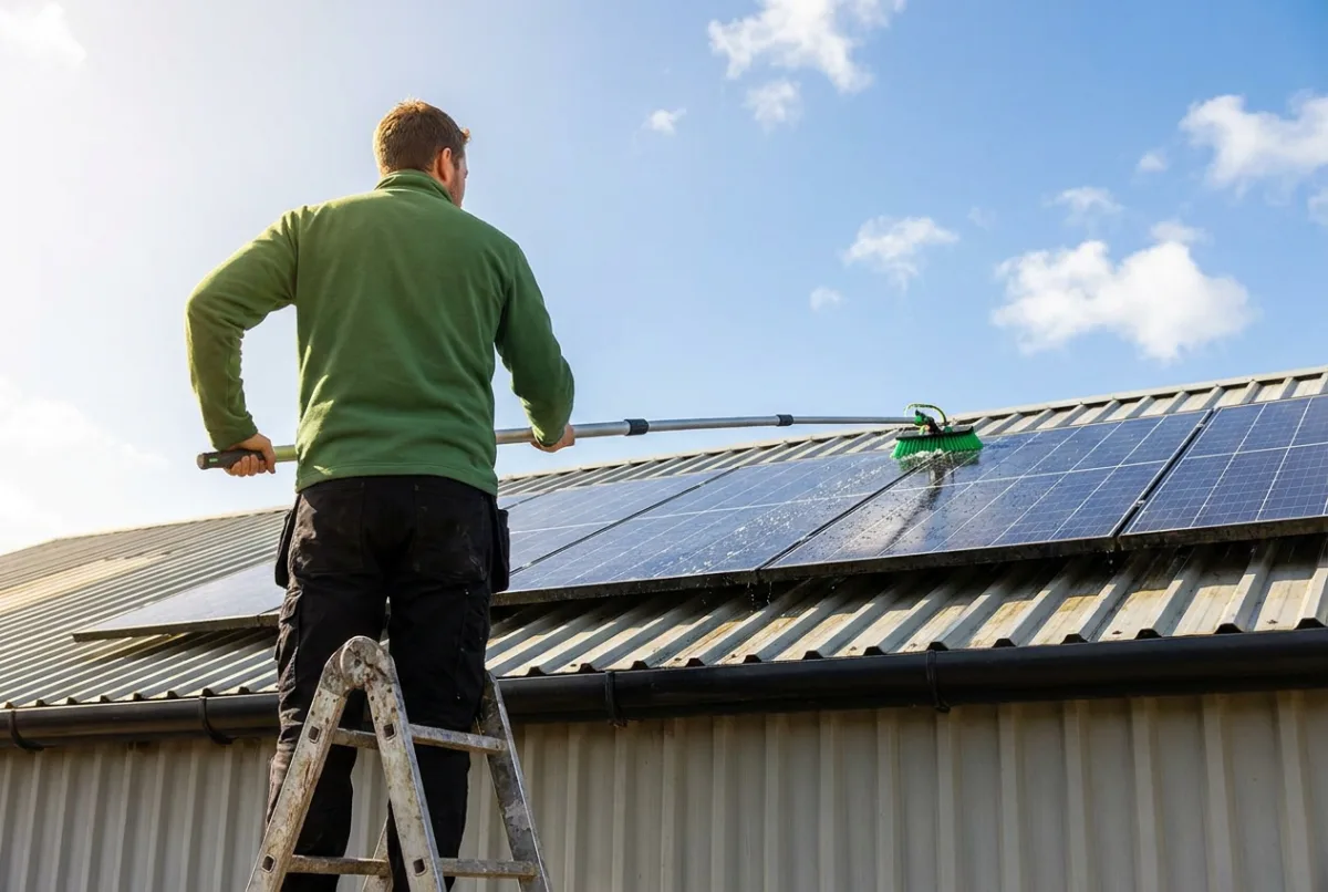 Technicien nettoyant des panneaux solaires depuis une échelle