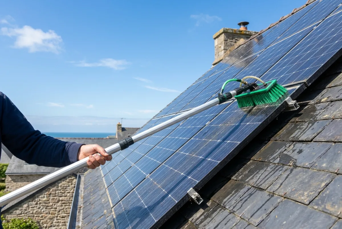 Nettoyage de panneaux photovoltaïques au manche télescopique face à la mer