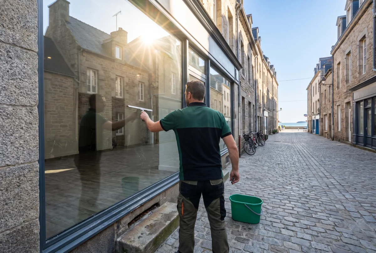 Nettoyage d'une vitrine de commerce dans une rue de Saint-Malo